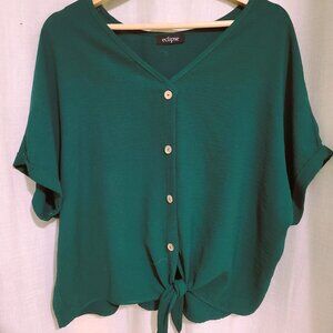 Eclipse baggy hunter green shirt with tie and buttons, size L
